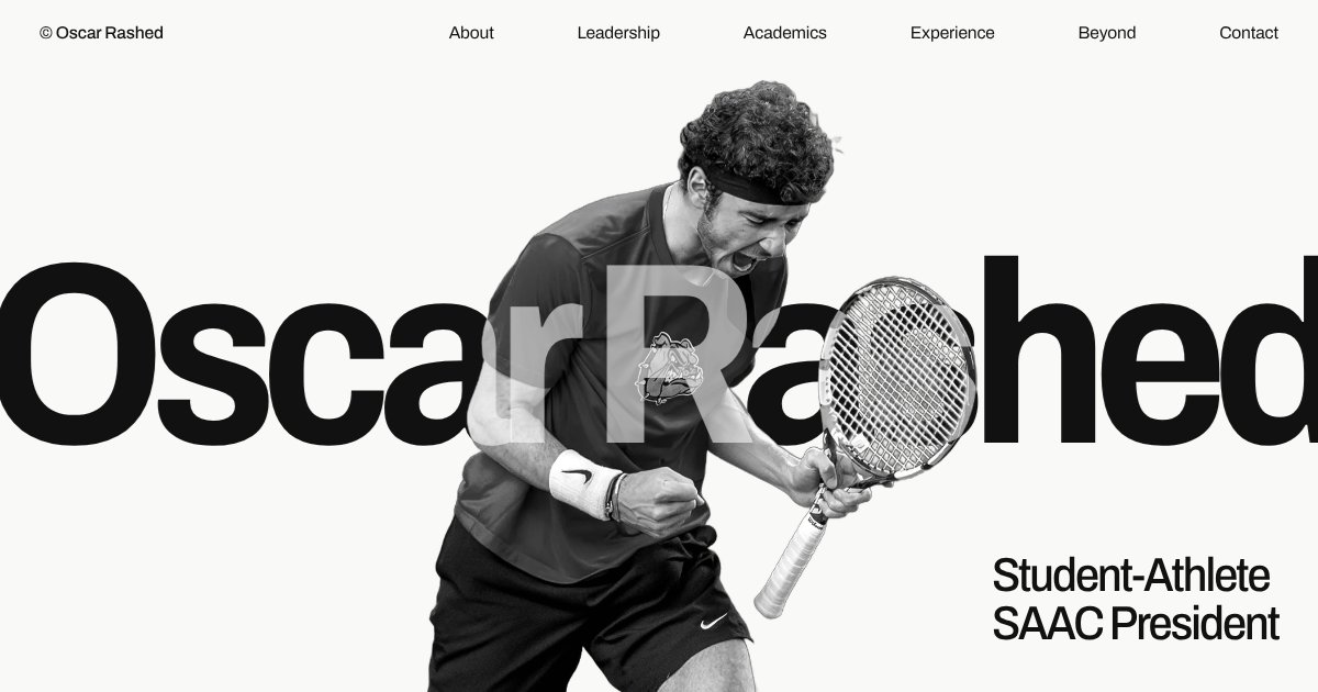 The oscarrashed.com homepage: a large name set behind a cut-out photo of a tennis player mid-swing