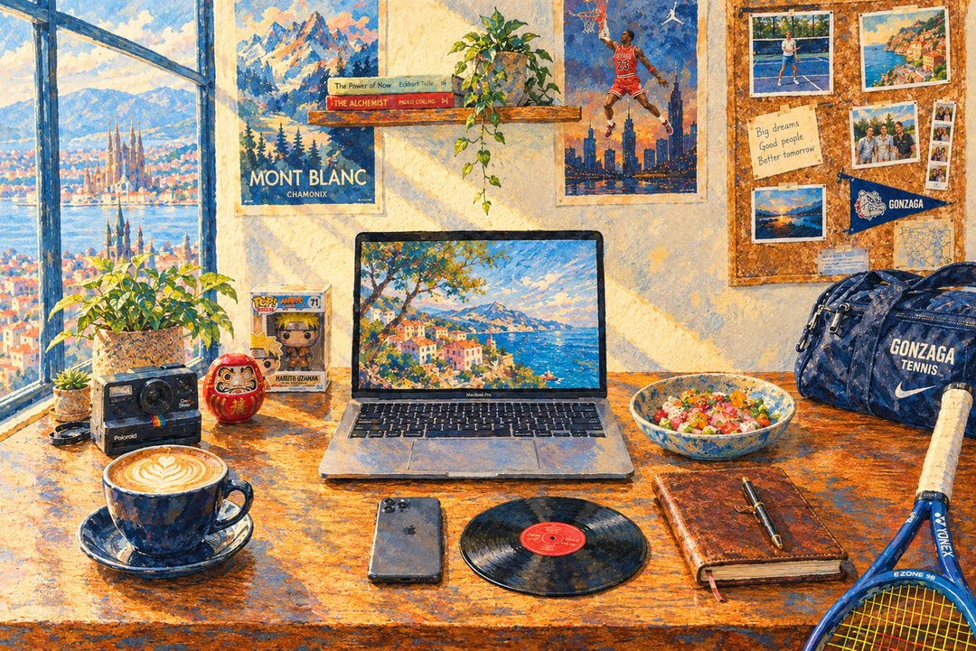An illustrated desk by a window with a laptop, a record, a tennis racket and pinned postcards